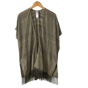 Chico's Olive Lace Fringe Tie-Front Short Sleeve Topper Poncho Kimono size S/M